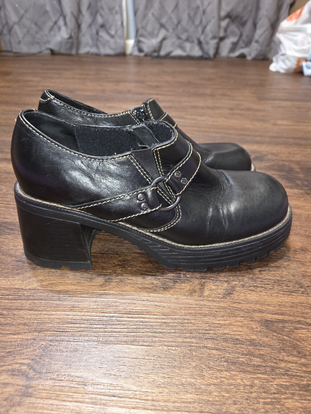 Vintage 90s Skechers Black Leather Chunky Platform Loafers Shoes 8.5